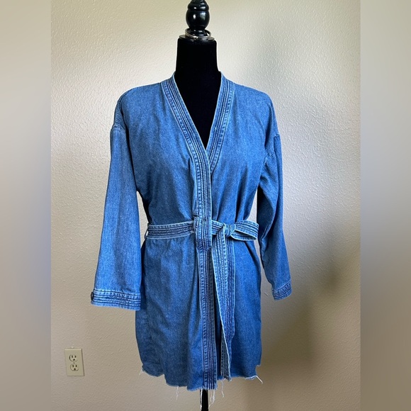 GRLFRND Womens Kate Robe Denim Jean Wrap Mini Raw-Edge-Hem Dress - Picture 1 of 7